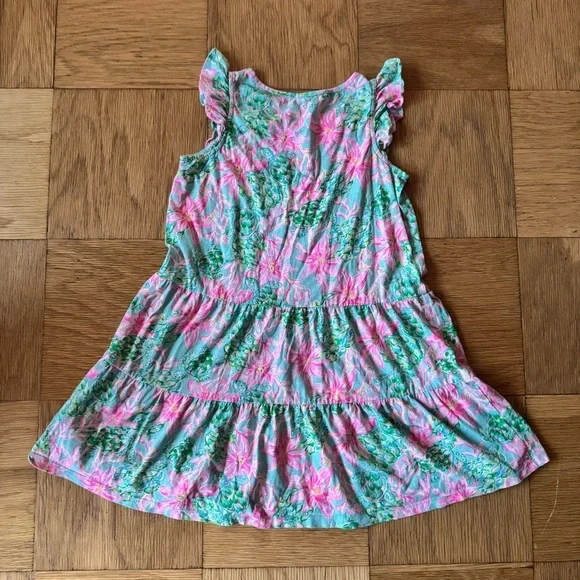 Lilly Pulitzer Girls L 8-10 Brynn Dress Tiered Pink Green Ruffle Sleeve Kids - Picture 3 of 7